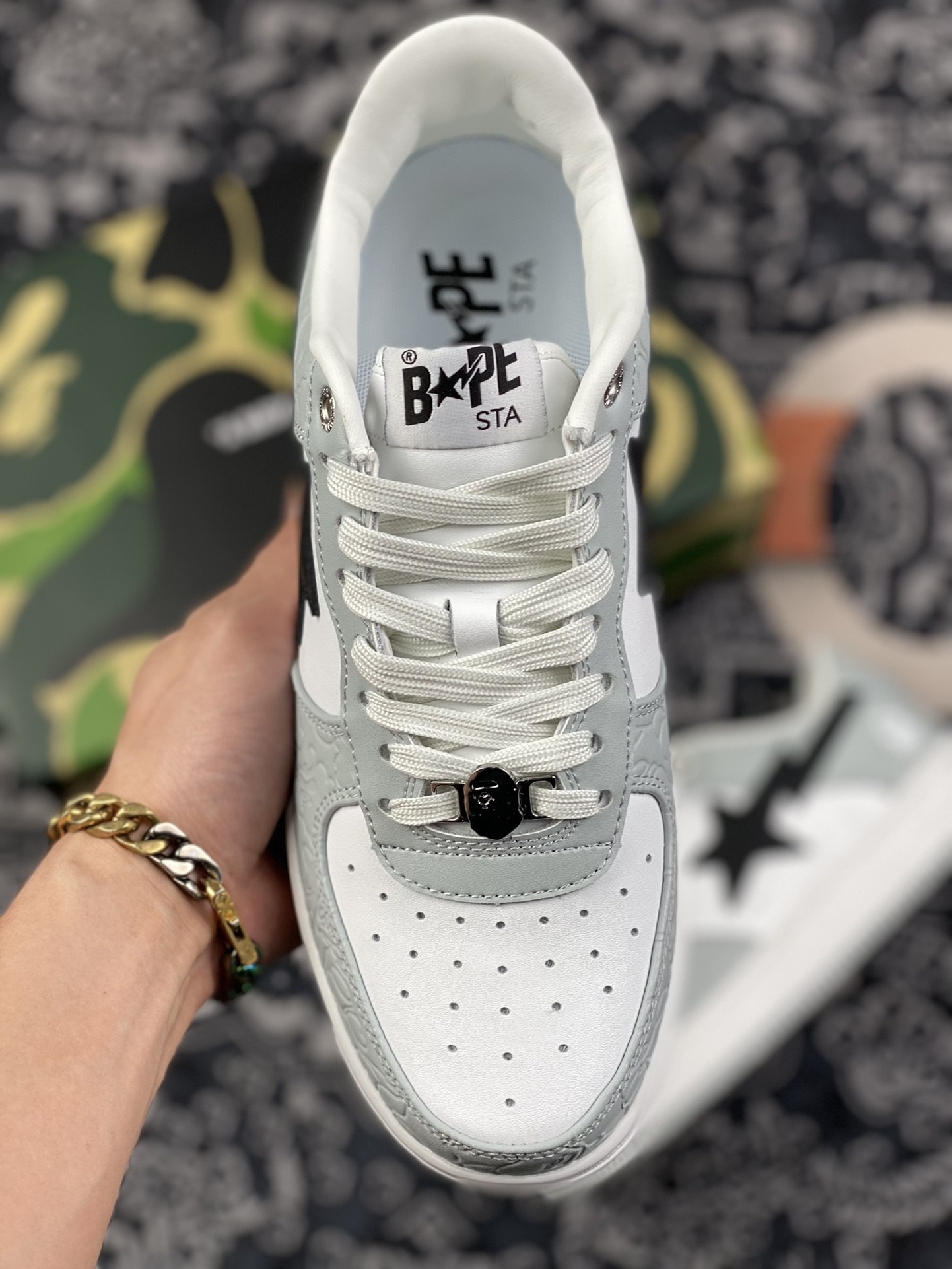 360 潮流教父nigo品牌 王源同款 Bape Sta “Tokyo” 黑灰白经典百搭休闲运动板鞋 OZXSH191002MH