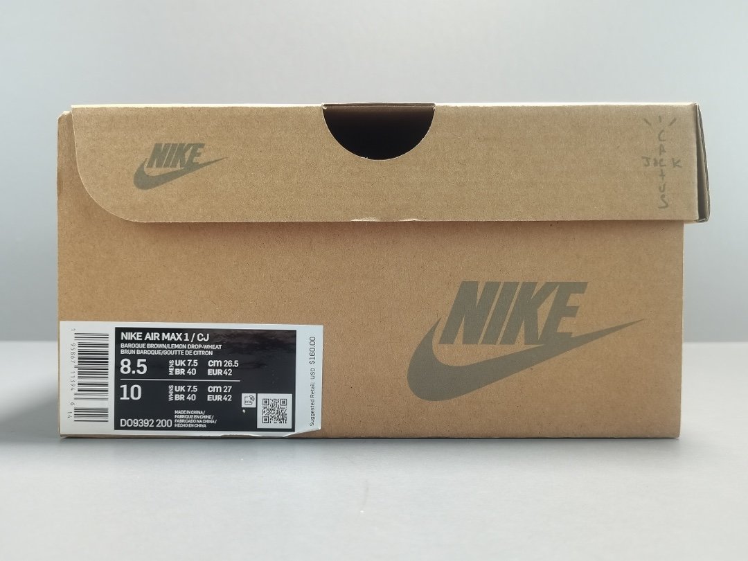 卡其棕 倒钩 Travis Scott X Nike Air Max 1 ＂BaroqueBrown＂复古休闲跑步鞋 DO9392-200 尺码：36-48（含半码) X博士】开发指导，釆用99厂材质，二维码标，供货稳定。